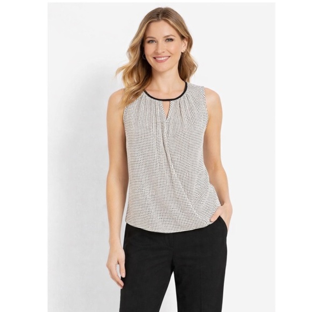 Ann Taylor Geo Print Sleeveless Blouse Black White Keyhole Surplice Top M 83-42‎